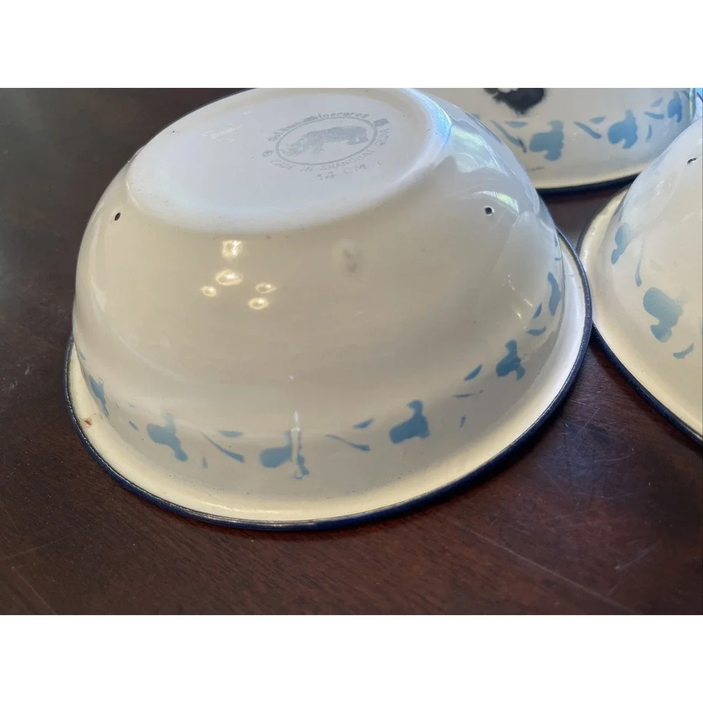 Vintage Golden Rhinoceros Enamelware Bowls Floral Shabby‎ Chic Farmhouse